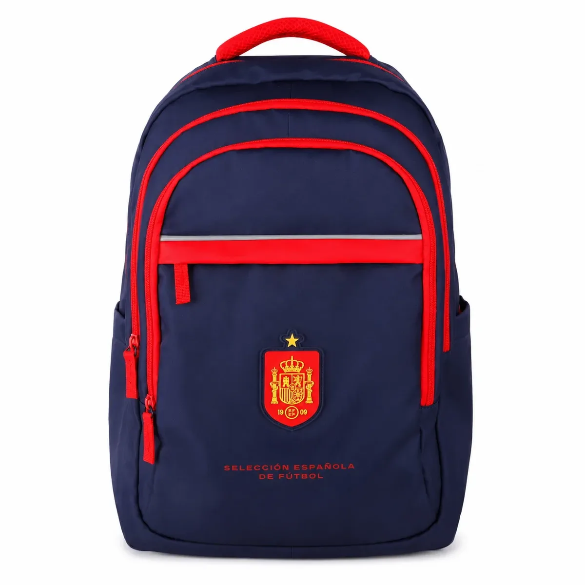 sac à dos scolaire la roja de l'équipe nationale de football espagnole "la roja", produit officiel sous licence. sac à dos de football de l'équipe nationale 43x30x18cm rouge et bleu marine avec compartiments.