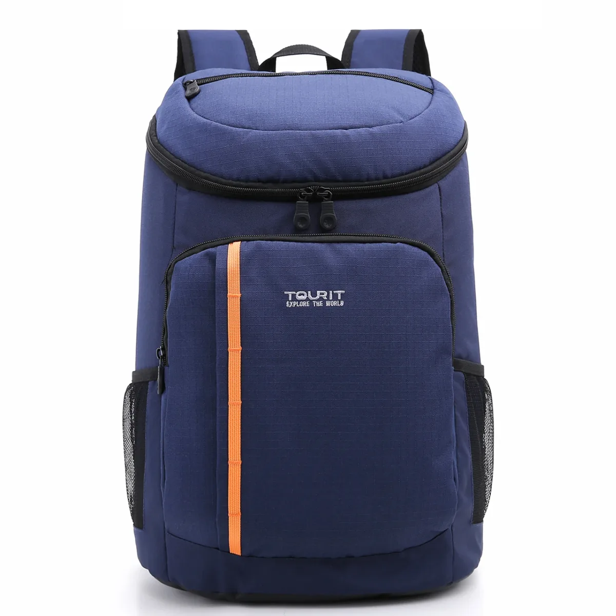 sac dos bleu marine nylon durables poches latérales zip grande ouverture motif diagonal orange bande voyage sport plage randonnée picnic