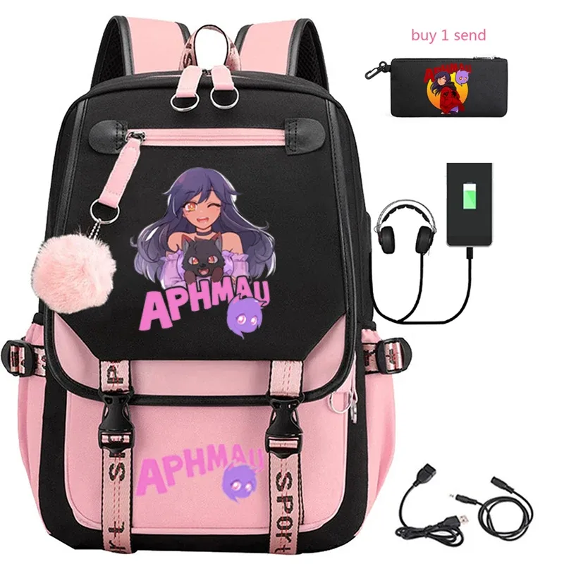 Sac Dos Toile Noire Broderie Fille Chat Bleu Texte Aphmau Rose Bandes Latérales Cuir Sport Poche Rabat Décontracté