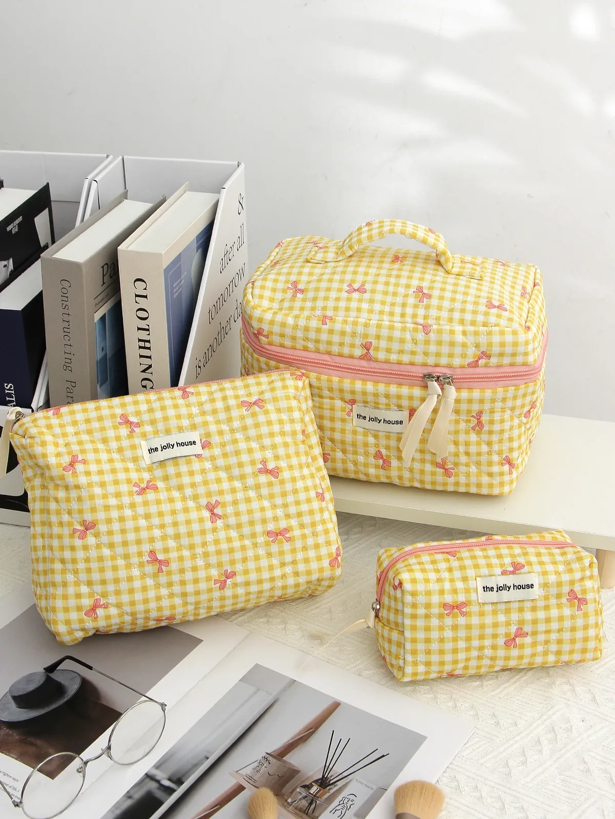 trousse polyester carreaux jaunes nœuds roses voyage cosmétiques maquillage grande capacité s m xl