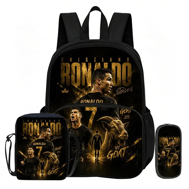 ensemble de 3 sacs à dos avec poche avant ronaldo learn, sacs à bandoulière pour voyage et fans de football, trousse à crayons, sacs d'école et de sport