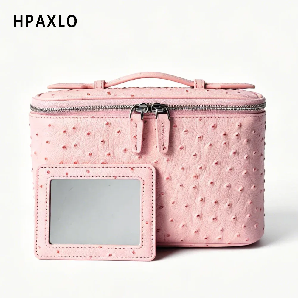 nouvelle trousse de toilette en cuir véritable à motif autruche pour femmes, grande capacité, organisateur de salle de bain de luxe