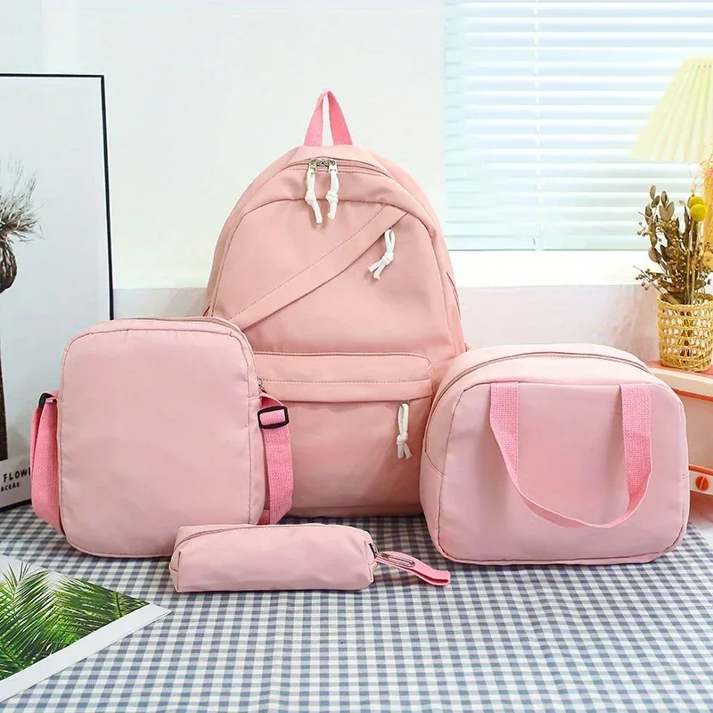 mode décontractée 4 pièces ensemble retour à l'école grande capacité en nylon couleur unie sac à dos & sac à main et trousse à crayons sac à dos pour l'école