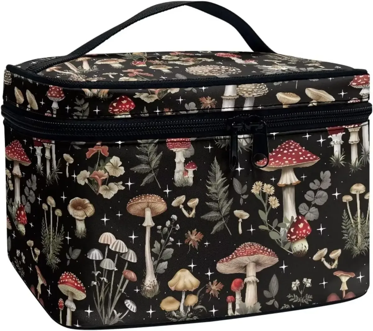 trousse polyester motif floral champignons poignée noire bleu jaune rouge vert voyage maquillage cosmétiques
