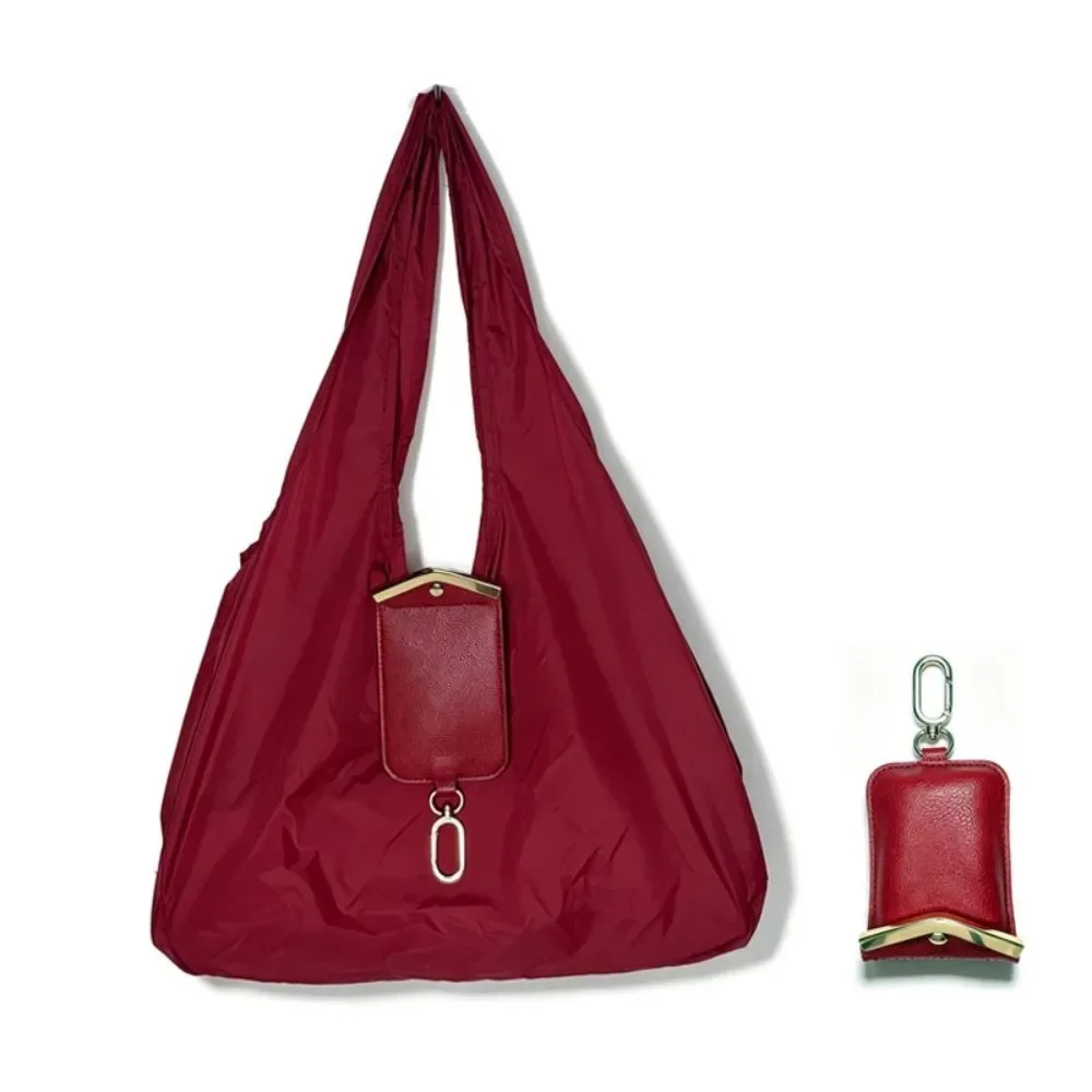 sac fourre-tout porte-clés couleur unie, sac de courses pliable résistant aux déchirures et peu encombrant, étui en similicuir à finition métallique