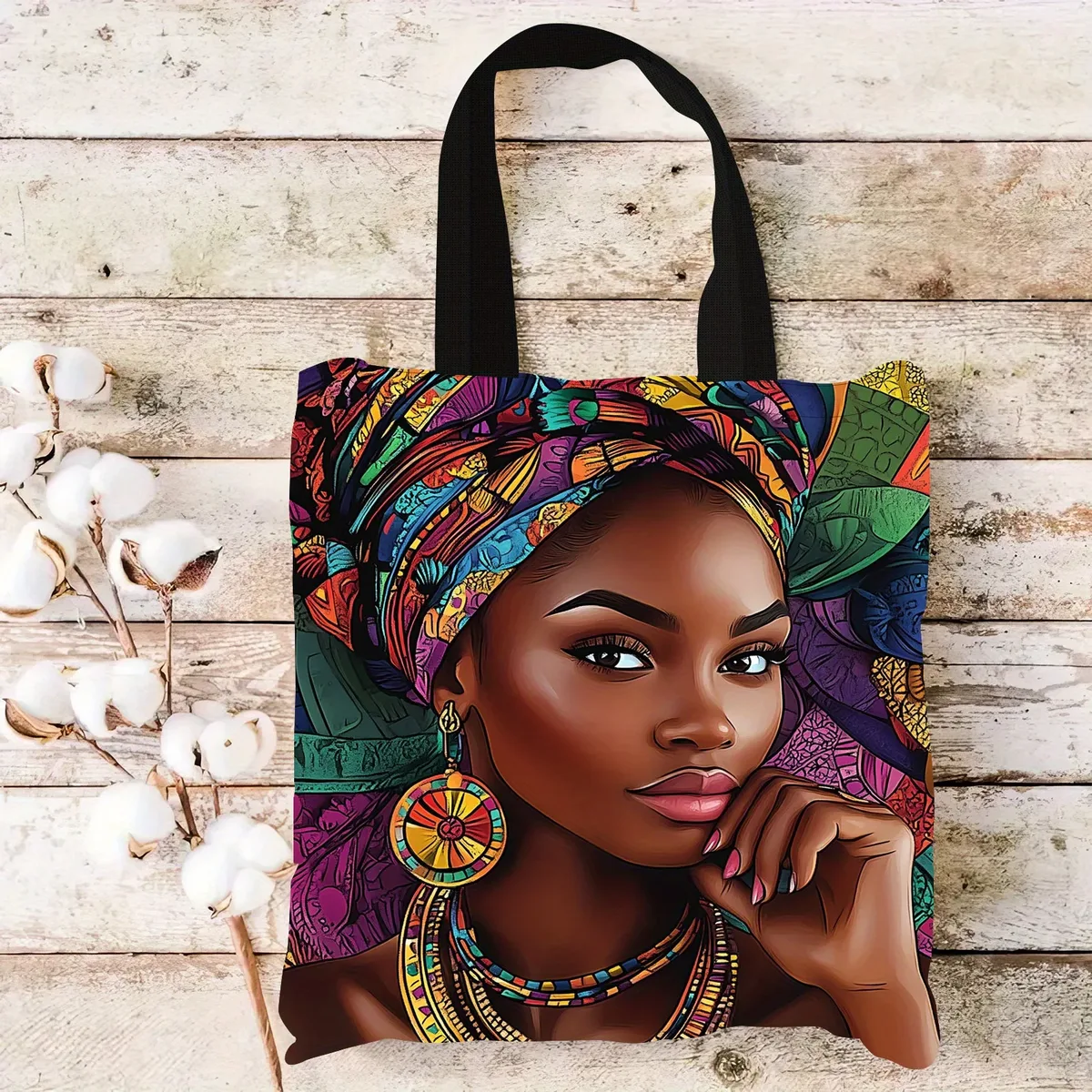 sac fourre-tout en lin imprimé pour femmes africaines, sac à bandoulière d'école esthétique, sac d'épicerie léger