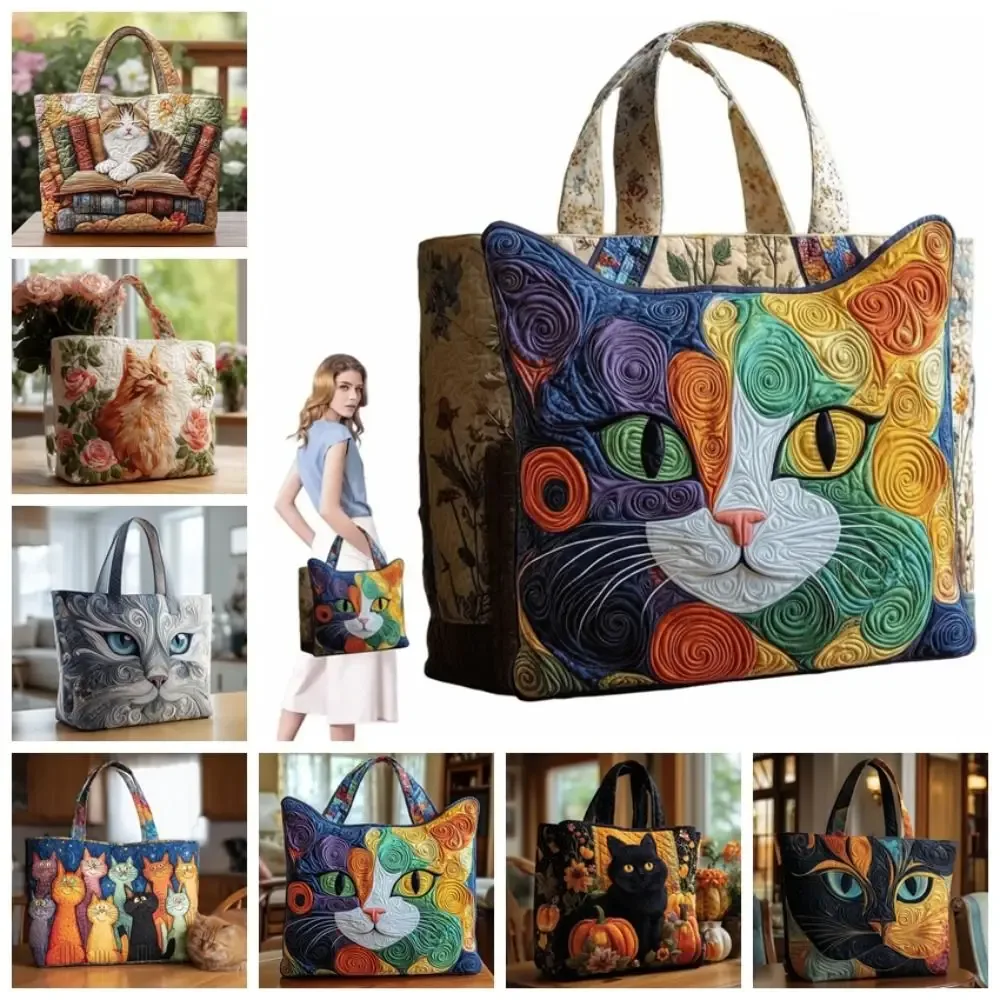 sac fourre-tout matelassé à motifs de chats pour femmes, sac à bandoulière en toile légère vintage, sac de voyage en coton de grande capacité pour femme et fille