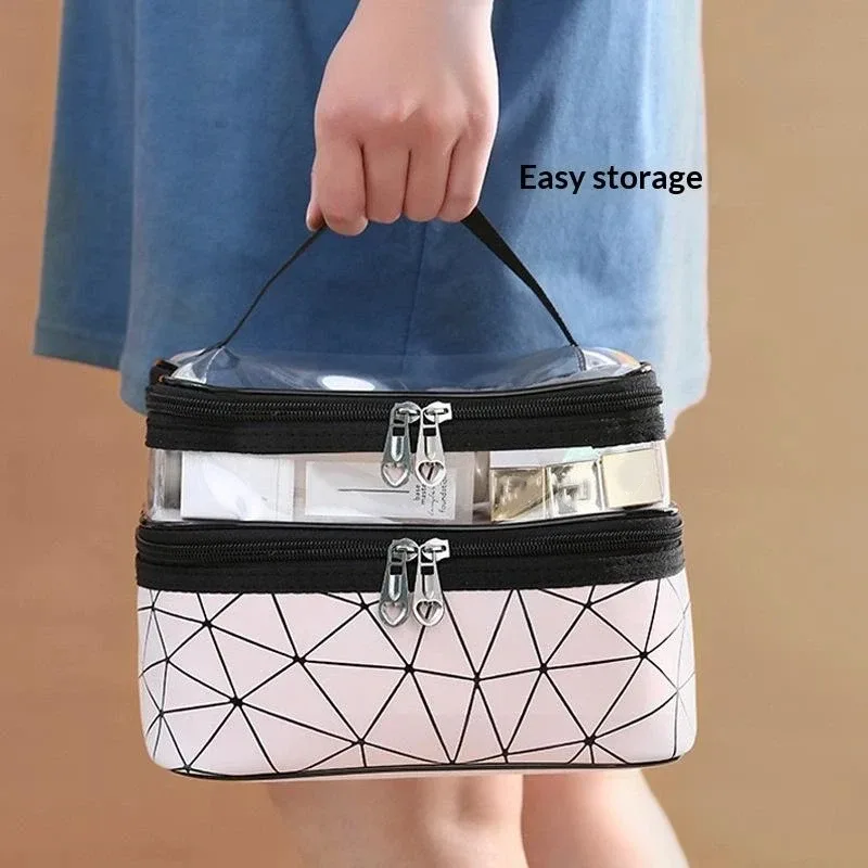 sac de maquillage portable double couche grande capacité, trousse de toilette étanche de voyage, pochette de rangement portable pour cosmétiques