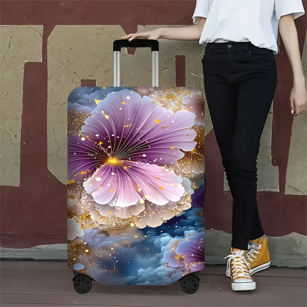 housse valise polyester motif floral violet bleu nuit fleur dorée protection voyage taille moyenne