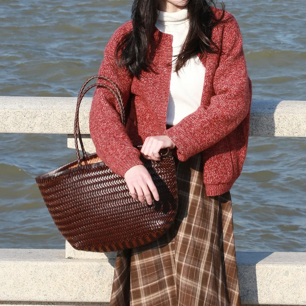 sac à main en cuir véritable pour femmes, grand sac fourre-tout vintage, sac à bandoulière décontracté, sac de shopping en cuir de vache tissé, sac bandoulière pour femmes
