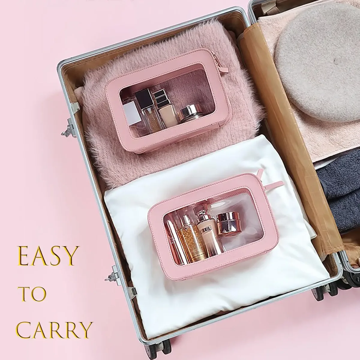 trousse de maquillage transparente et imperméable, organisateur de voyage portable pour femmes, pochette de toilette avec fenêtres en vinyle transparent