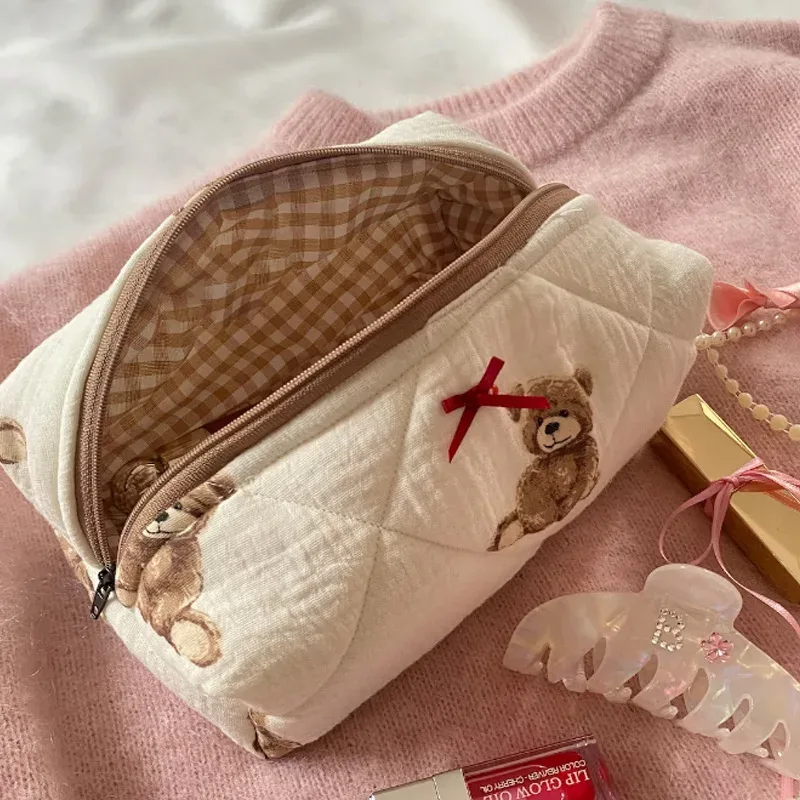 trousse à cosmétiques pour femmes, trousse de maquillage kawaii teddy bear, trousse de rangement pour maquillage, trousse à maquillage imprimée de dessins animés, trousse de maquillage tendance pour femme