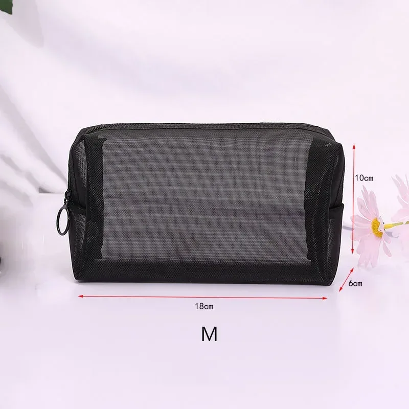 sacs de maquillage de lavage de toilette, trousse de maquillage en maille transparente noire, pochette de rangement, sac à cosmétiques de voyage pour femmes, fermeture éclair décontractée