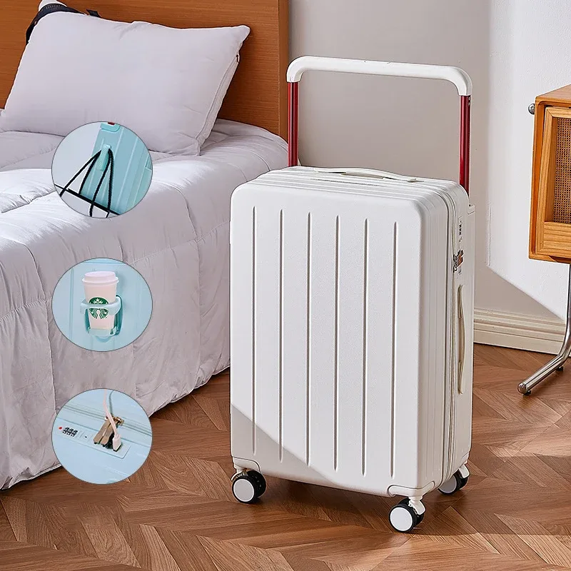 valise pc roulettes toupie poignée support tasse couleur blanche noire bleu pastel format voyage moderne design bandes verticales
