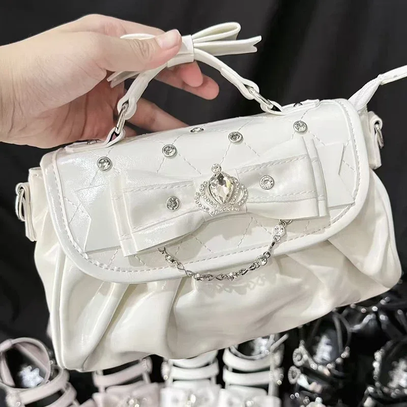 sac sous le bras élégant rose avec nœud et strass, sac à bandoulière plissé style sweet lolita, sac à main portable avec poignée nœud, jolie pochette ita