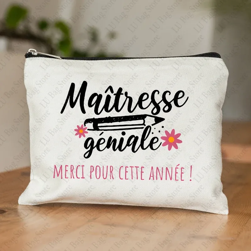 trousse de maquillage pour femmes, thème enseignant, étui à cosmétiques inspiré de maitresse avec motif éducatif de conception de style français, portefeuille pour le travail ou l'école