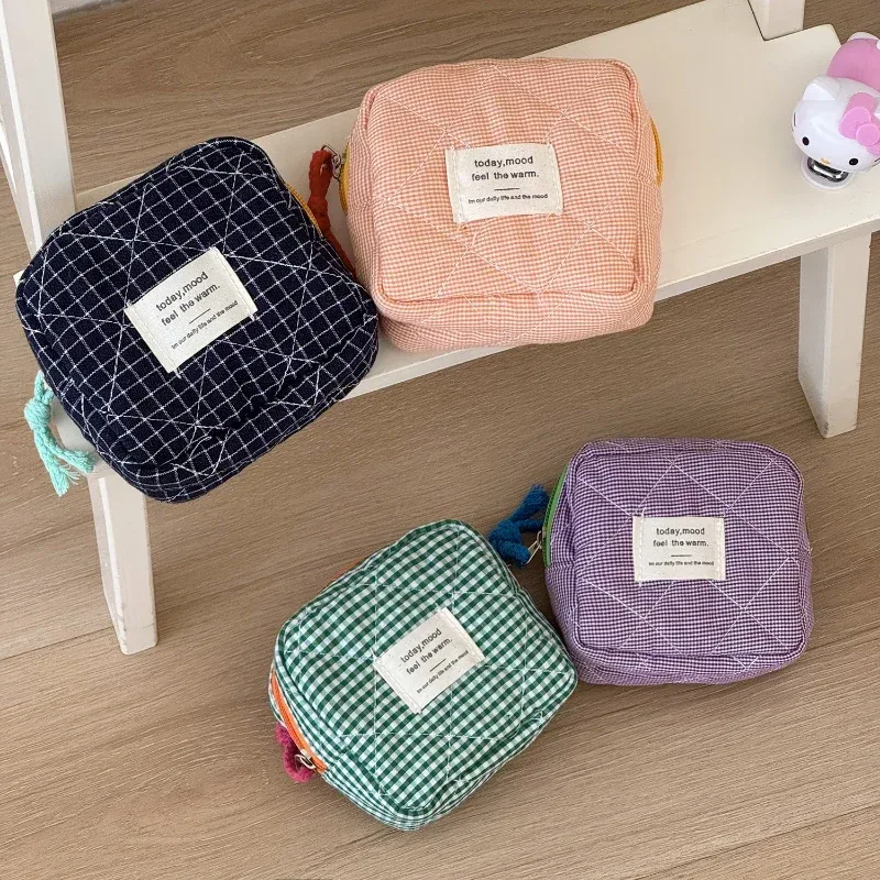 sacs à cosmétiques matelassés à carreaux pour filles, pochette rétro pour dames, porte-monnaie, sac de rangement de toilette portable de voyage pour femmes
