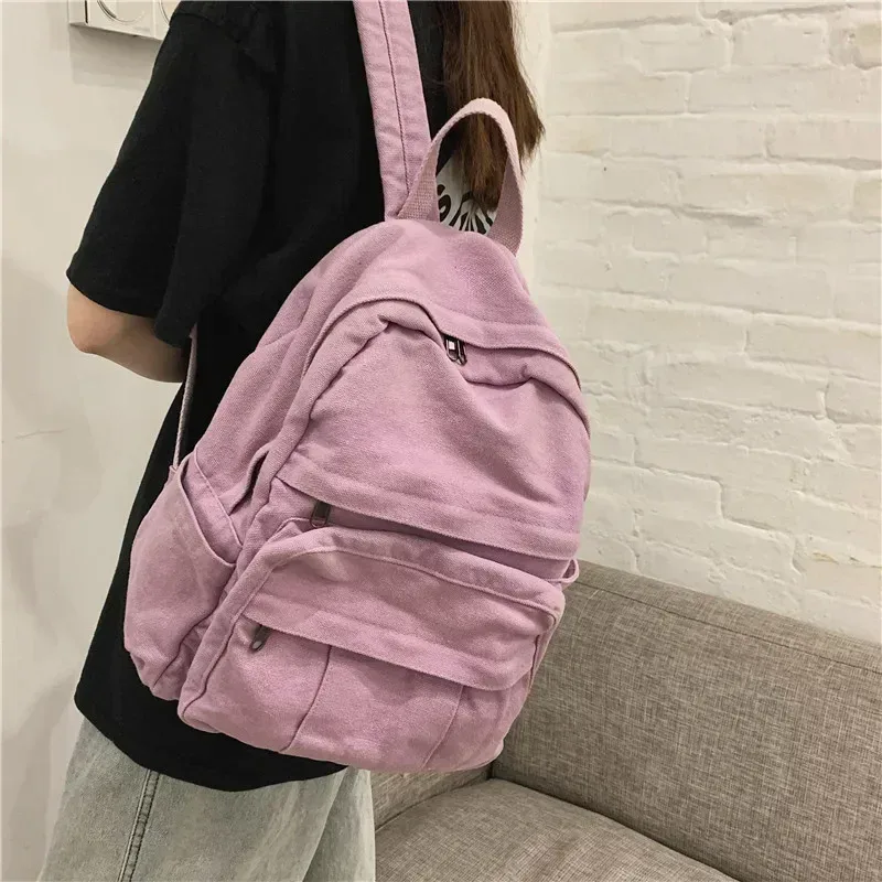 mode couleur unie sac à dos femmes toile sacs d'école pour adolescentes sac à dos de voyage décontracté femme étudiant école sac à dos