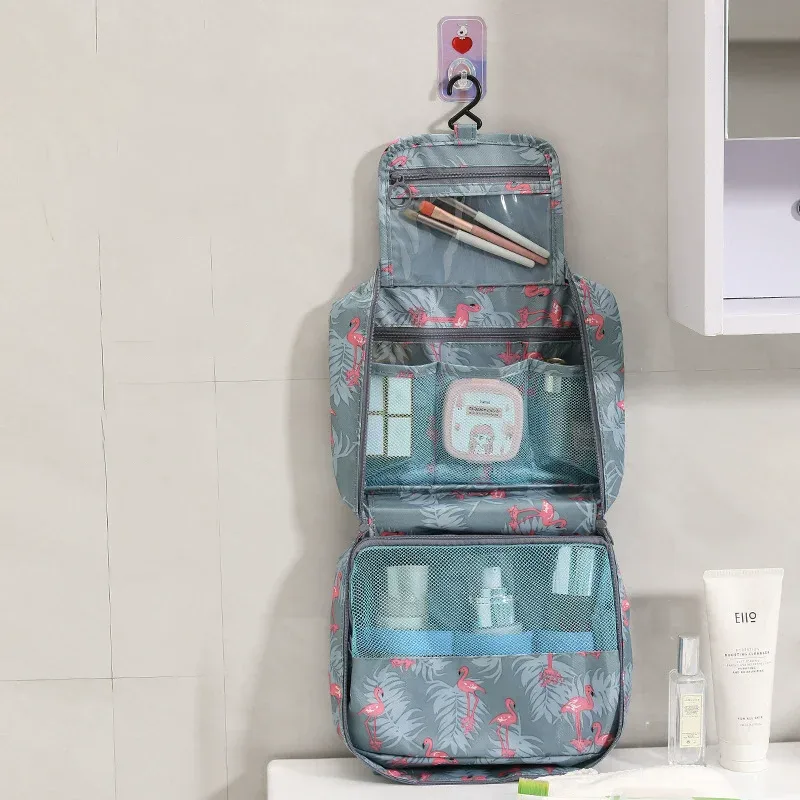 sac de voyage suspendu imperméable pour cosmétiques, imprimé flamant rose et citron, organiseur de maquillage portable, trousse de toilette pour femmes, rangement pour soins de la peau