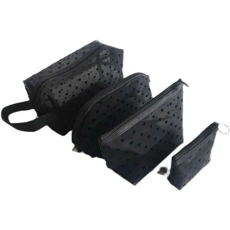 neceser noir coeur voyage sac cosmétique mode maille petit grand sac de toilette pochette de rangement de maquillage sac cosmétique à fermeture éclair transparente
