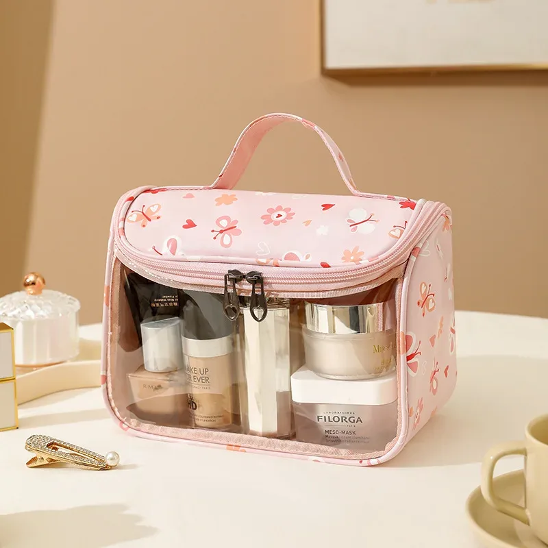 4 pièces sac de maquillage en pvc fleur imprimé sac à main de lavage transparent pochette cosmétique de voyage étanche trousse de toilette pratique porte-monnaie