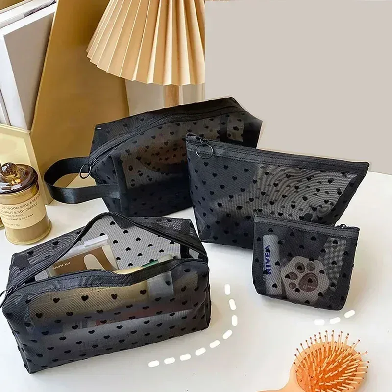sac à cosmétiques en maille de nylon, organisateur de toilette en forme de cœur à fermeture éclair, sacs de maquillage multifonctionnels pour femmes, rouge à lèvres, clé, porte-monnaie