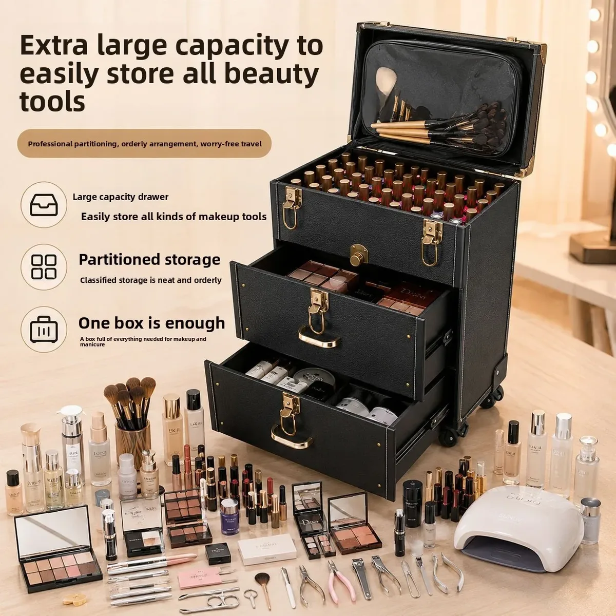 valise professionnelle pour ongles, organisateur de maquillage, kit de tatouage et d'art des ongles, valise de maquillage à roulettes universelles, boîte de maquillage multi-couches de grande capacité