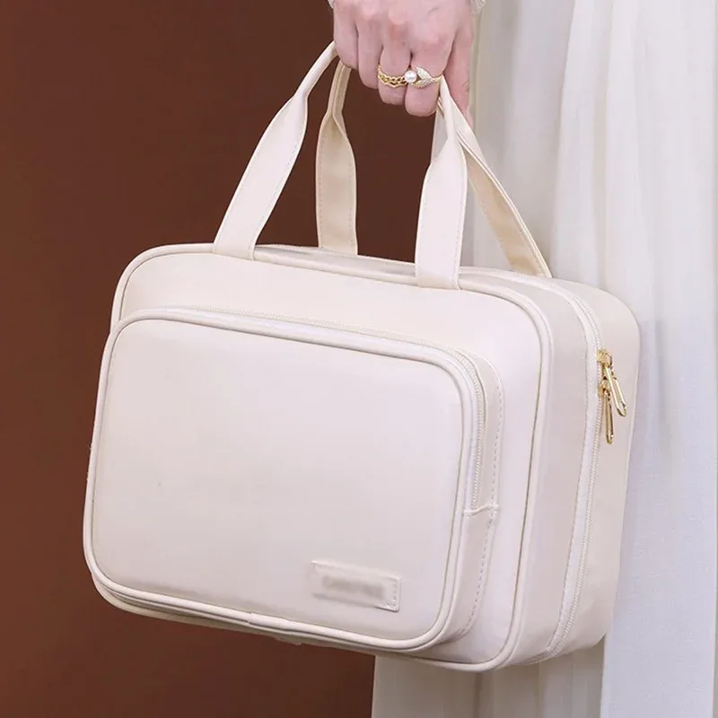 nouveau sac à cosmétiques suspendu en cuir pu pour femmes, rangement portable, organisateur de maquillage, sacs de rangement de toilette de voyage de grande capacité