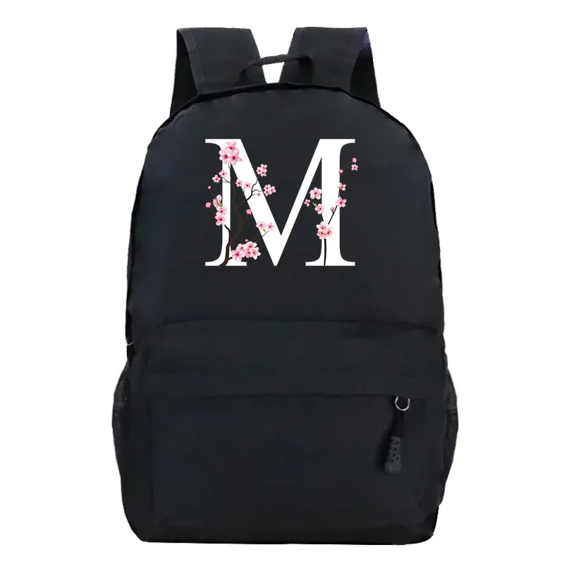 sacs à dos d'école pour jeunes sakura fleur a-z alphabet grande capacité toile harajuku mode fermeture éclair esthétique épaules sacs noirs