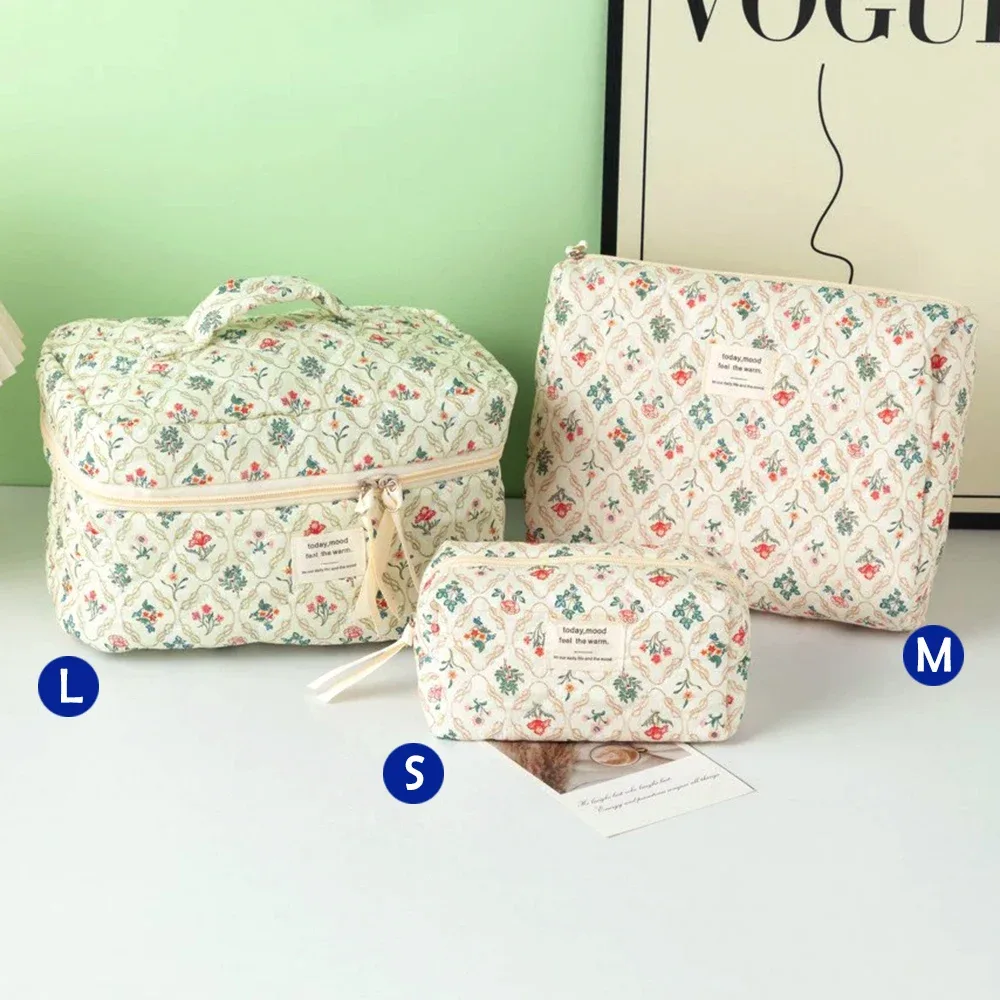 sac de maquillage en coton matelassé pour femmes, 1 pièce, mignon, fermeture éclair, organisateur de cosmétiques, sac à main en tissu en forme de boîte, trousse de toilette portable pour filles