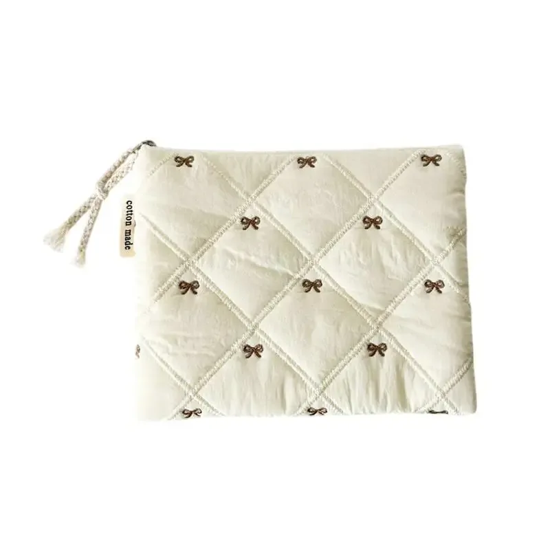 pochette à cosmétiques matelassée avec nœud brodé, grande capacité, sac à papeterie multifonctionnel, trousse à stylos