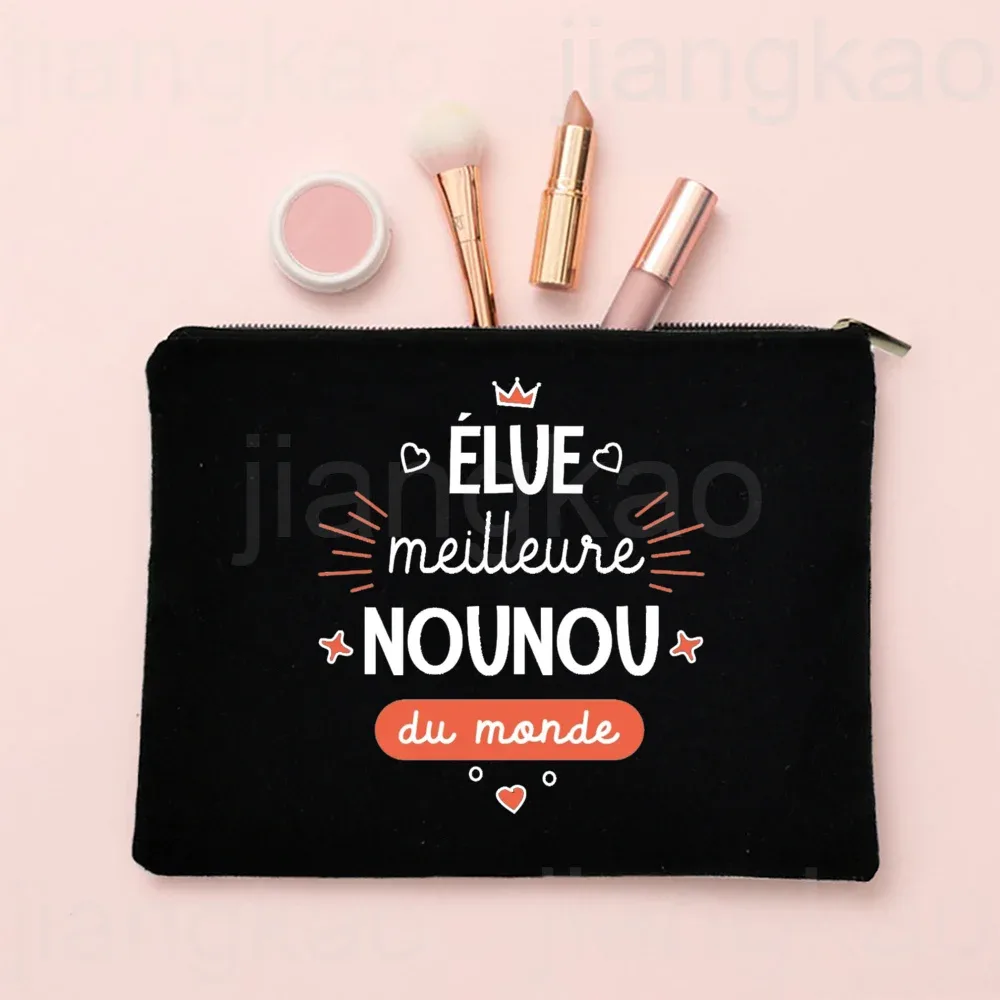 j'aime ma nounou, trousse de maquillage imprimée française, pochette de rangement de toilette de voyage, trousse à cosmétiques pour femmes, sacs à fermeture éclair, cadeau de remerciement pour nounou