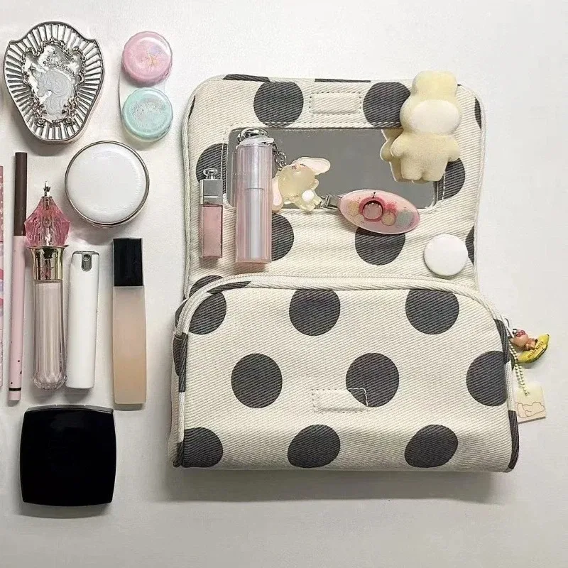 sac de maquillage en toile à pois de style coréen, avec miroir intégré, sac de rangement portable pour voyage quotidien, sac à rabat élégant et raffiné pour le shopping