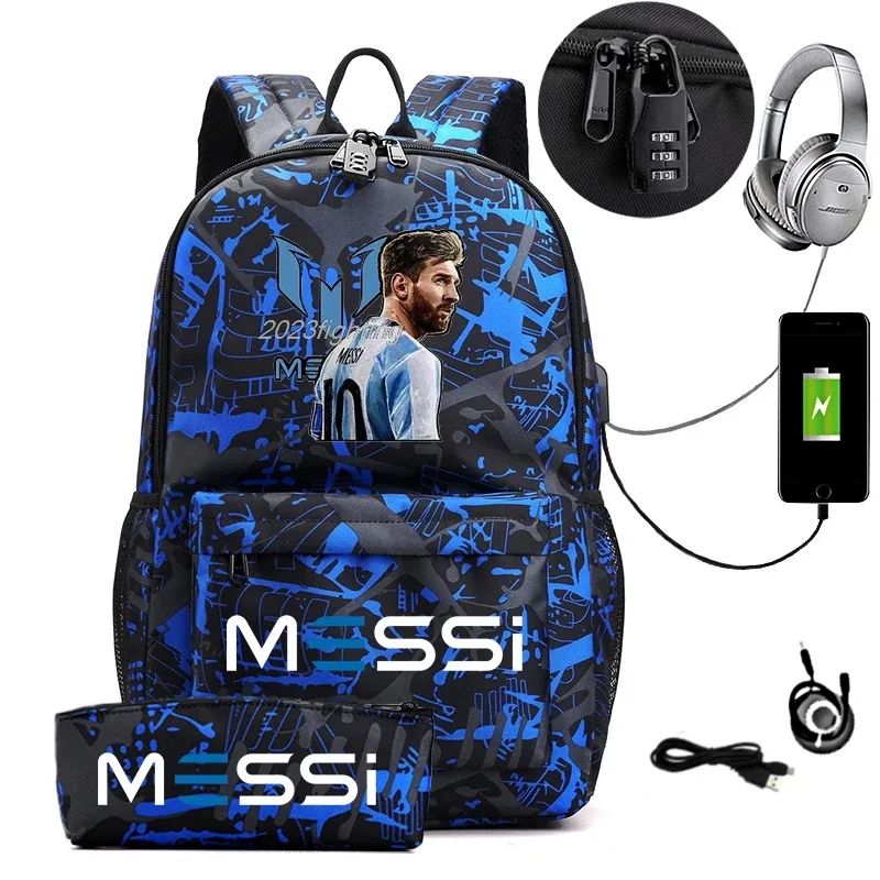 sac dos toile noir motif géométrique bleu blanc compartiment interne ceinture air usb adolescents école
