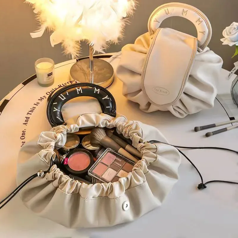 trousse de maquillage portable pour usage quotidien, trousse de toilette de voyage de grande capacité pour femmes, pochette de rangement de cosmétiques à cordon de serrage pour dames