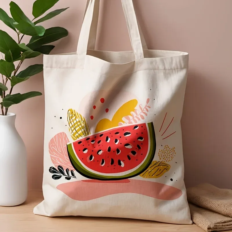 un sac fourre-tout imprimé pastèque, sac de shopping réutilisable, adapté aux trajets quotidiens, aux voyages à la plage et aux courses, pastèque