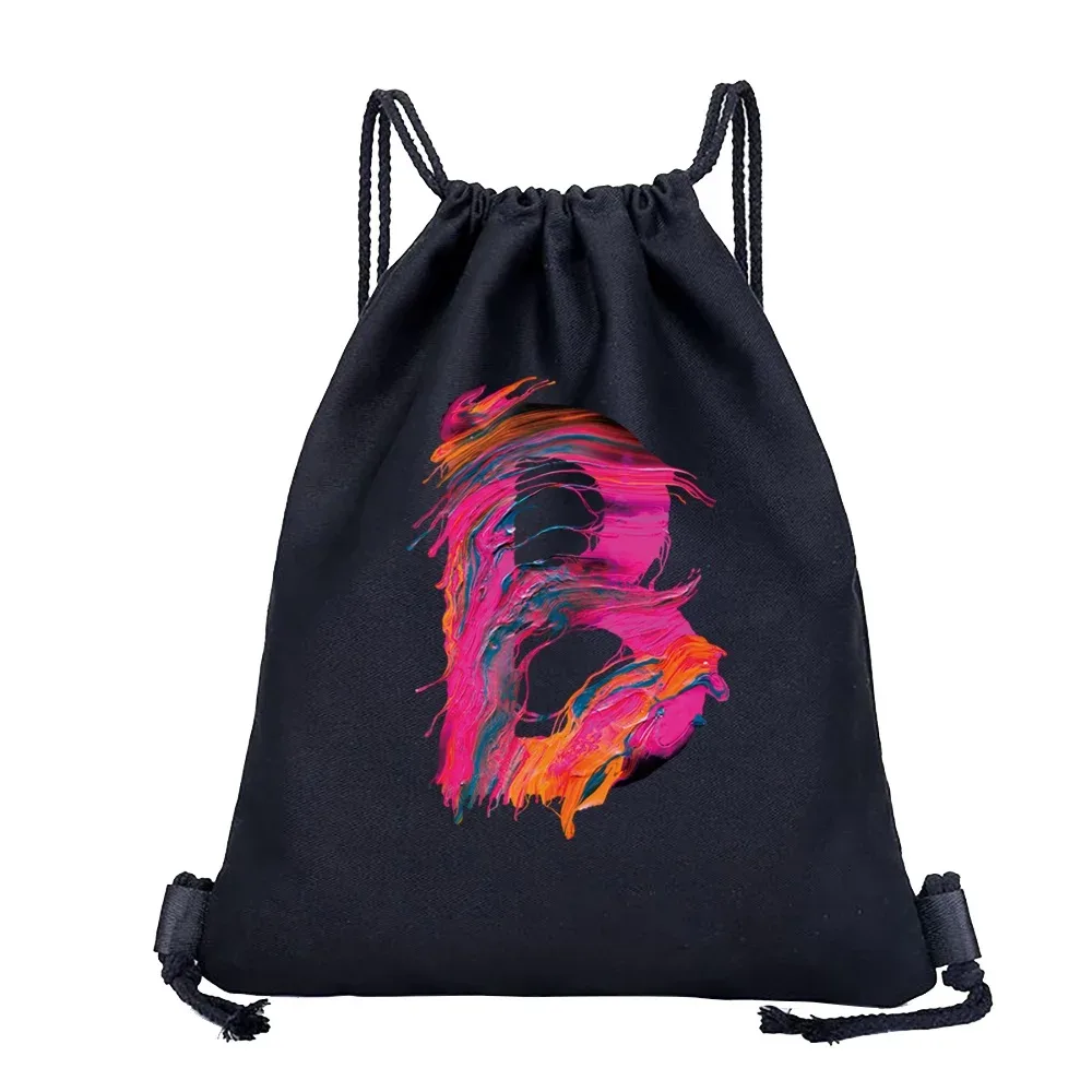 sac dos lin noir motif multicolore compact pliable cordon serrage poignées souple grande capacité sports plein air harajuku polyvalent
