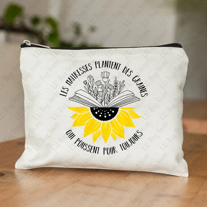 trousse de maquillage pour femmes, thème enseignant, étui à cosmétiques inspiré de maitresse avec motif éducatif de conception de style français, portefeuille pour le travail ou l'école