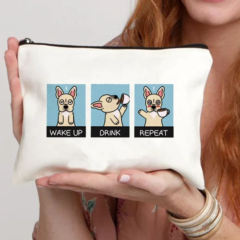 trousse de maquillage en toile pour femme, trousse de toilette, valise professionnelle, impression de dessin animé, bouledogue français, drôle