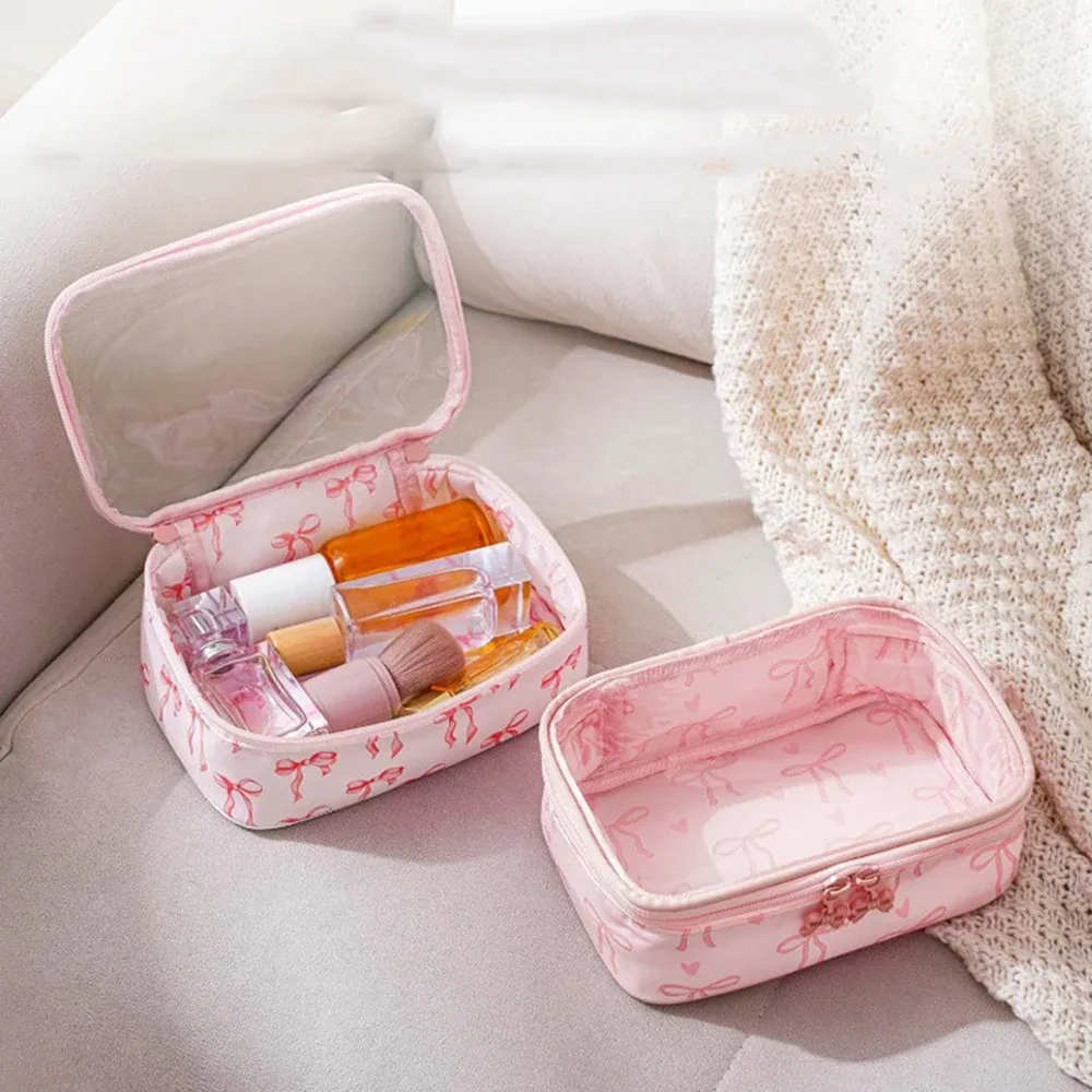 pochette de toilette transparente en pvc avec imprimé nœud, grande capacité, étanche, portable, pour voyage, organiseur de maquillage mignon pour femmes
