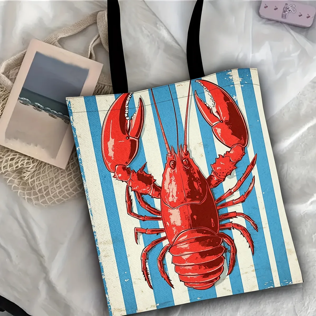 sac fourre-tout élégant rétro imprimé homard rouge, grande capacité, sac à bandoulière décontracté en polyester durable avec sangle fixe pour le shopping, 1 pièce