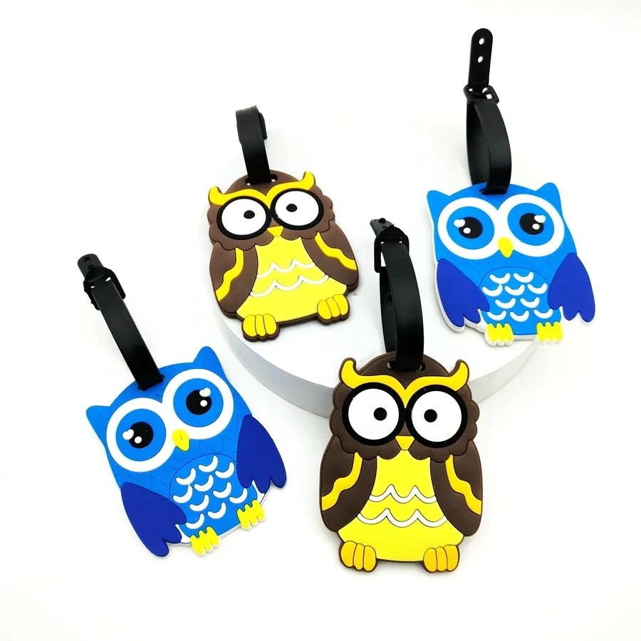 étiquette bagage pvc hibou bleu jaune marron oeil grand ouvert accessoire voyage identification anti perte aéroport