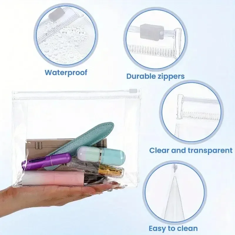 trousse toilette pvc transparent beige boîte format rectangulaire motif solide style décontracté usage voyage cosmétiques maquillage