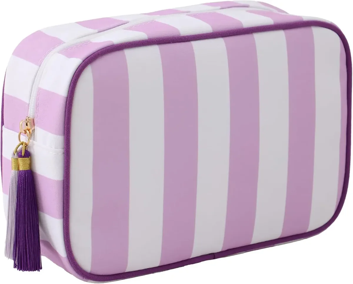 grande trousse de maquillage portable rayée pour femmes, avec fermeture éclair et pompon, grande capacité, sac fourre-tout décontracté avec fermeture éclair