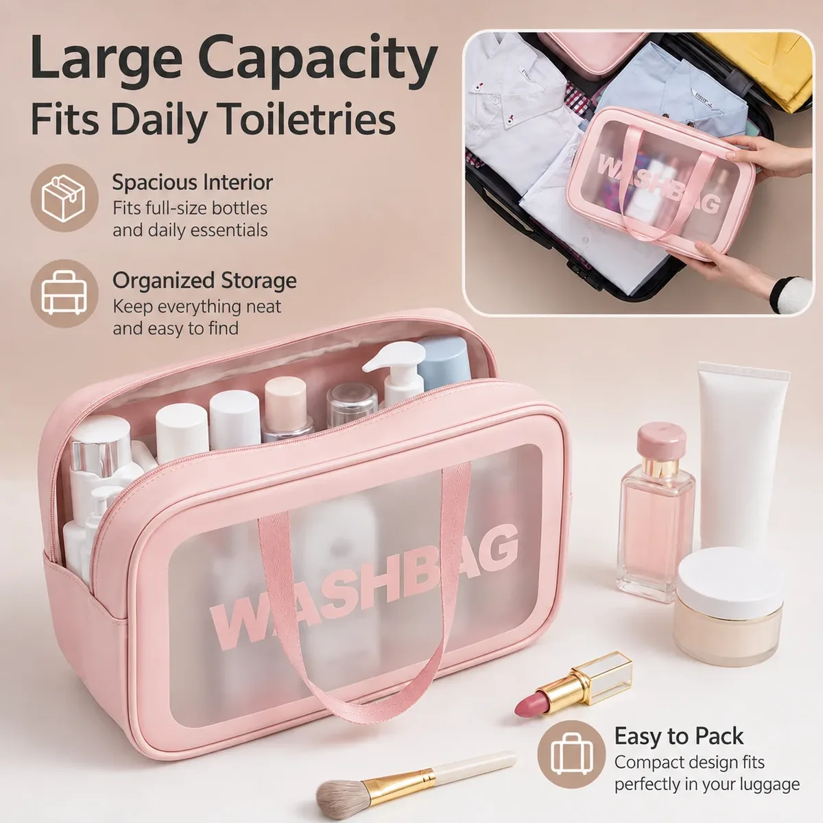sac de toilette de voyage portable, grande capacité, étanche, organisateur de maquillage avec double poignée, sac de rangement transparent pour cosmétiques