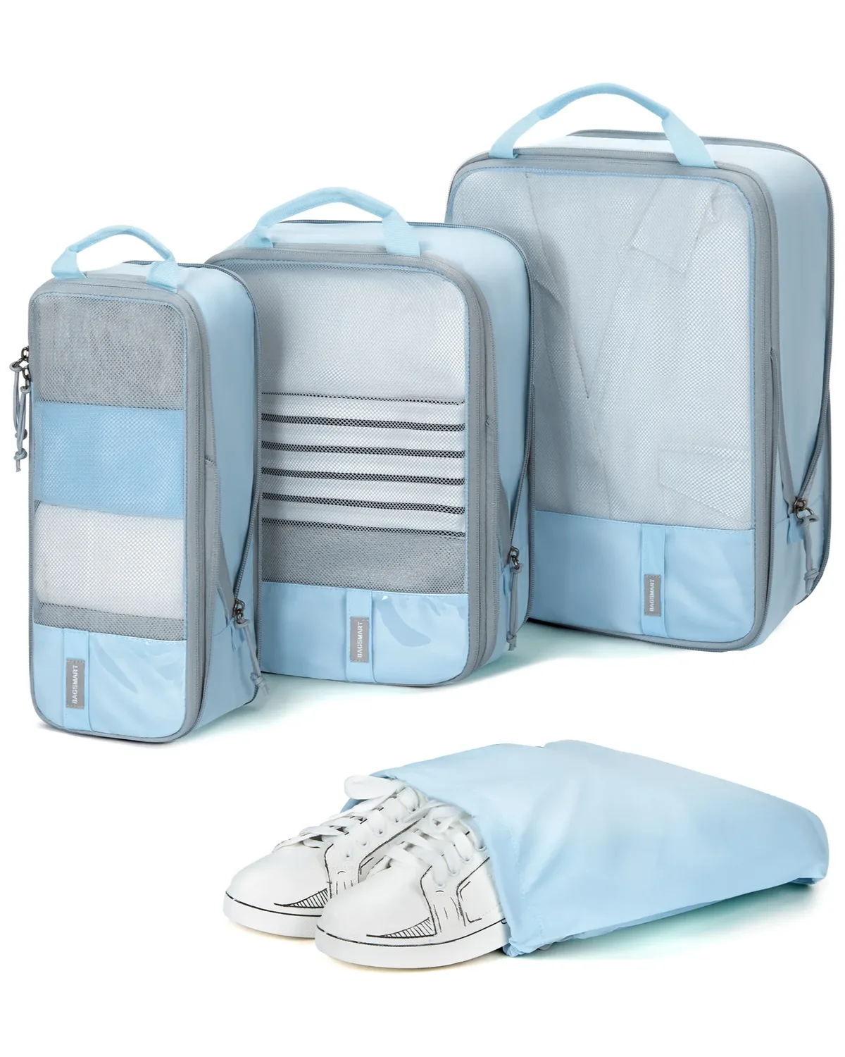 organisateur voyage compression polyester gris bandes noires texturé décontracté sac chaussures poches extérieures ventilation supérieure