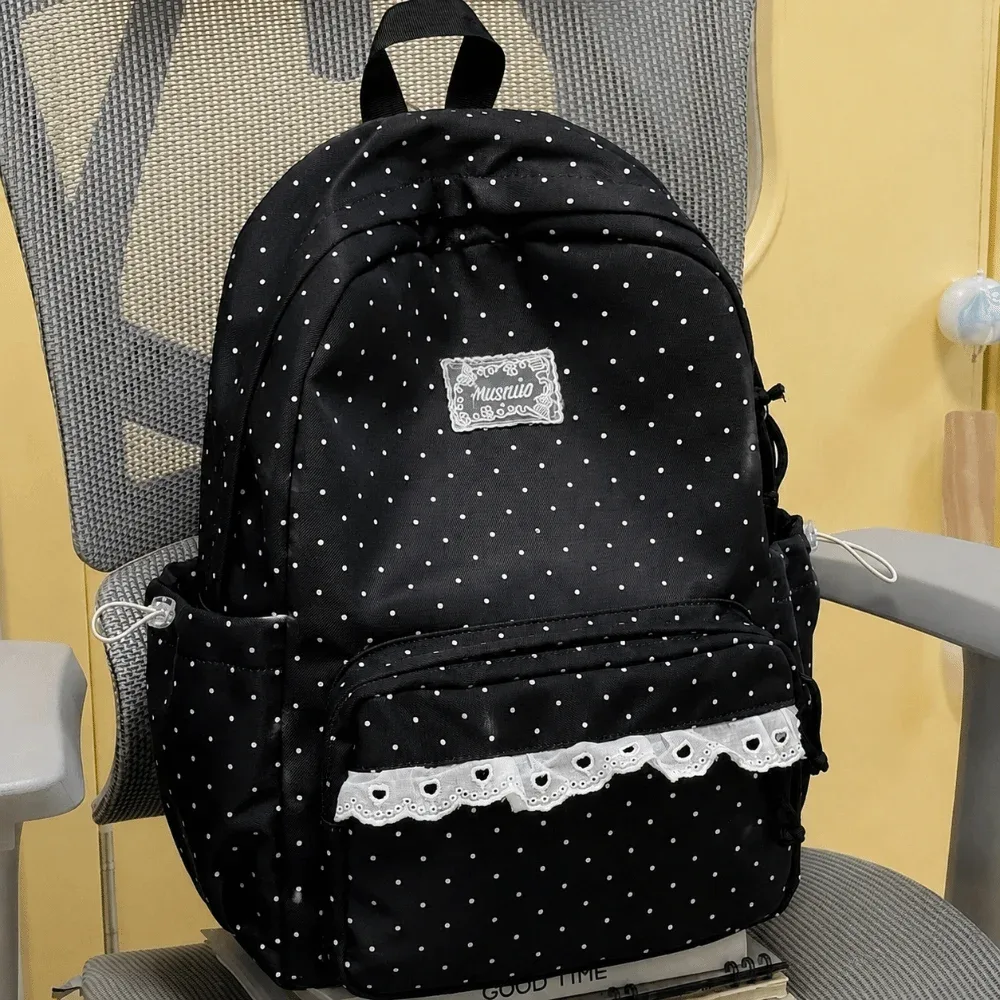 sac à dos de voyage à pois tendance avec dentelle en nylon, cartable d'étudiant multi-poches grande capacité, sac à dos pour ordinateur portable mignon pour femme