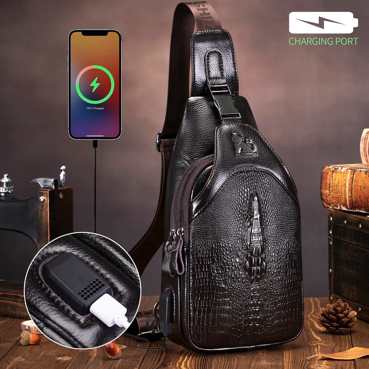 sac de poitrine en cuir pour hommes, sac à bandoulière, sac multifonctionnel à motif crocodile avec sac à bandoulière de chargement usb