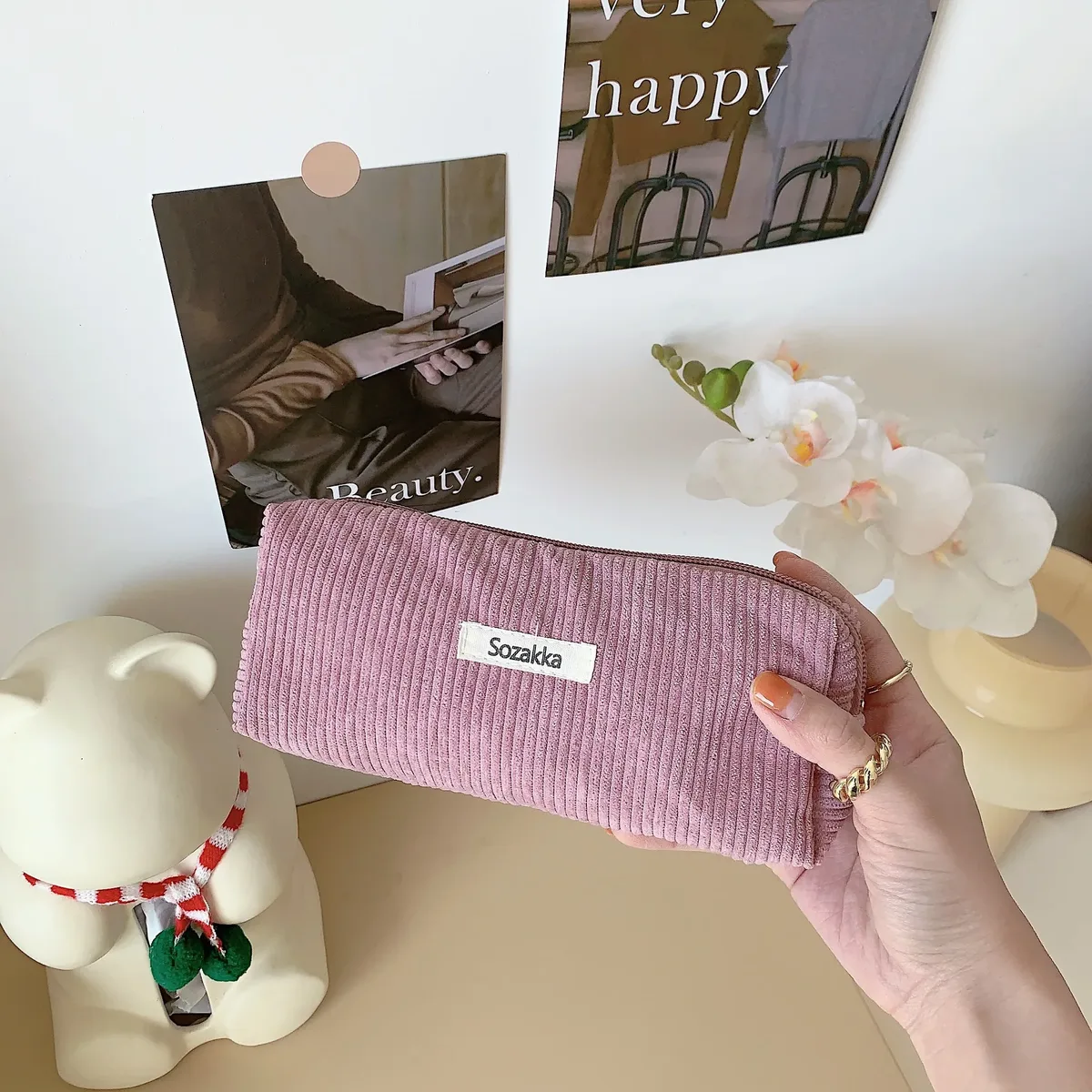 sac à stylos rétro en velours côtelé de couleur unie, boîte à crayons pour étudiants, pochette à crayons, sacs à cosmétiques pour femmes, sac de maquillage, sac de rangement pour clés et rouges à lèvres