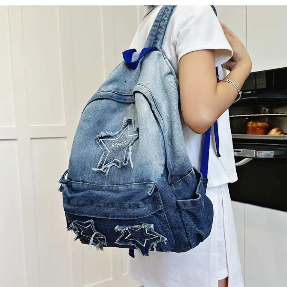 sacs à dos en jean de grande capacité, matériau en jean, structure multi-poches, sac de voyage, sac d'école multifonctionnel pour adolescentes